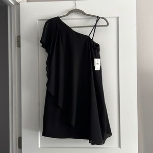 Black one shoulder dress. layered chiffon